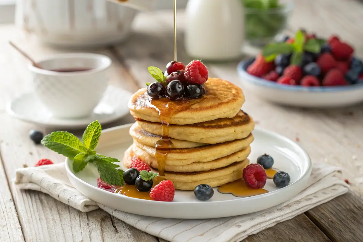 Stack of mini pancakes with berries and syrup.