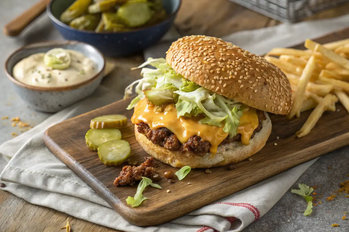 Big Mac Sloppy Joe sandwich with cheddar cheese, pickles, and secret sauce