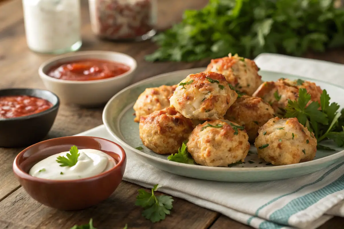 "Plated Red Lobster sausage balls served with dipping sauces.