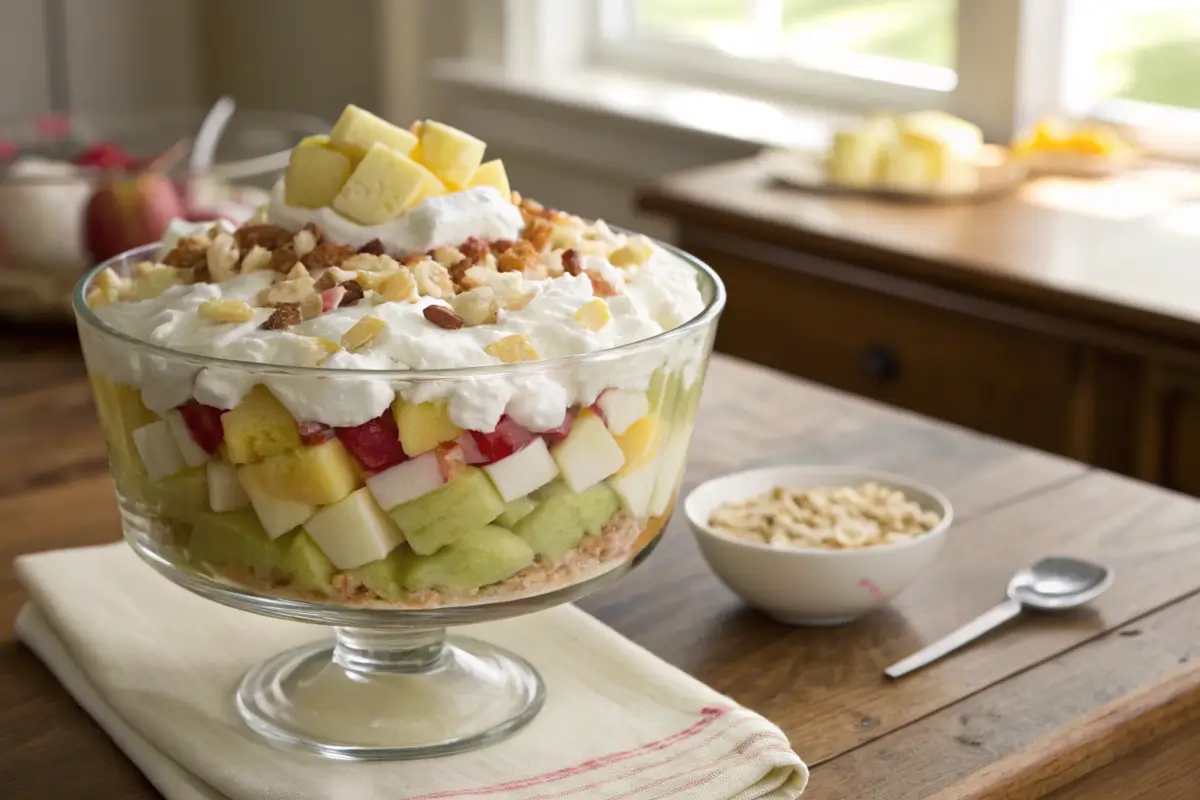 Taffy apple salad served in a clear glass bowl with marshmallows and peanuts.