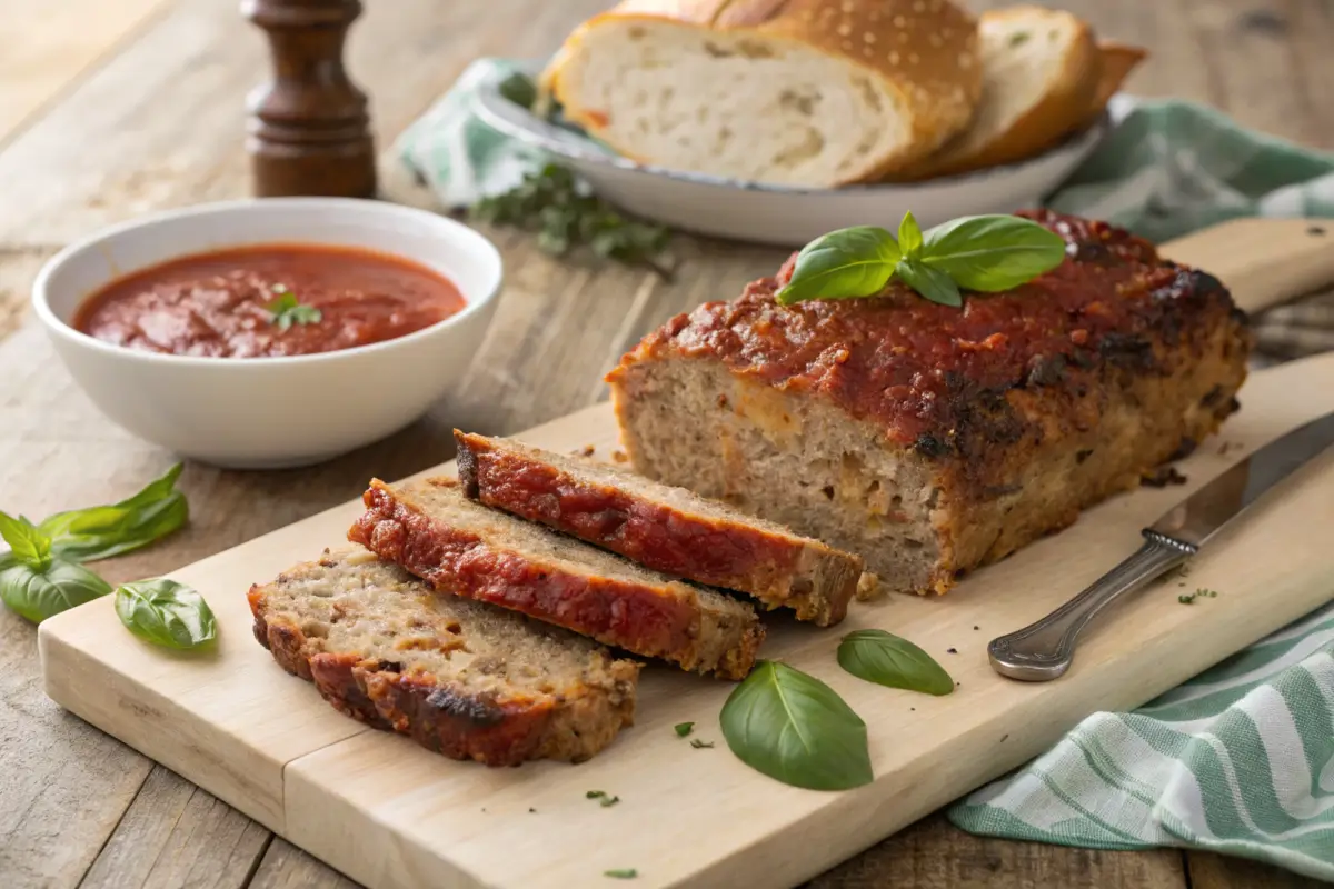 Italian meatloaf sliced on a cutting board with tomato glaze.