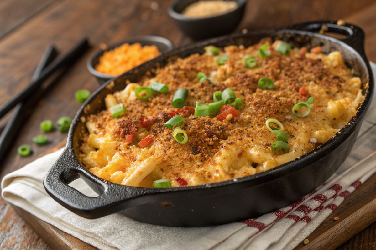 Bubbling Cajun mac and cheese in a skillet with garnishes.