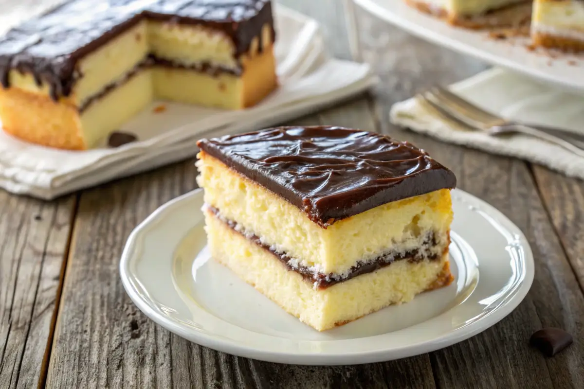 Close-up of Boston cream poke cake with custard and ganache layers.