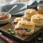 Golden ham and jalapeno biscuits with a pot of honey and butter.