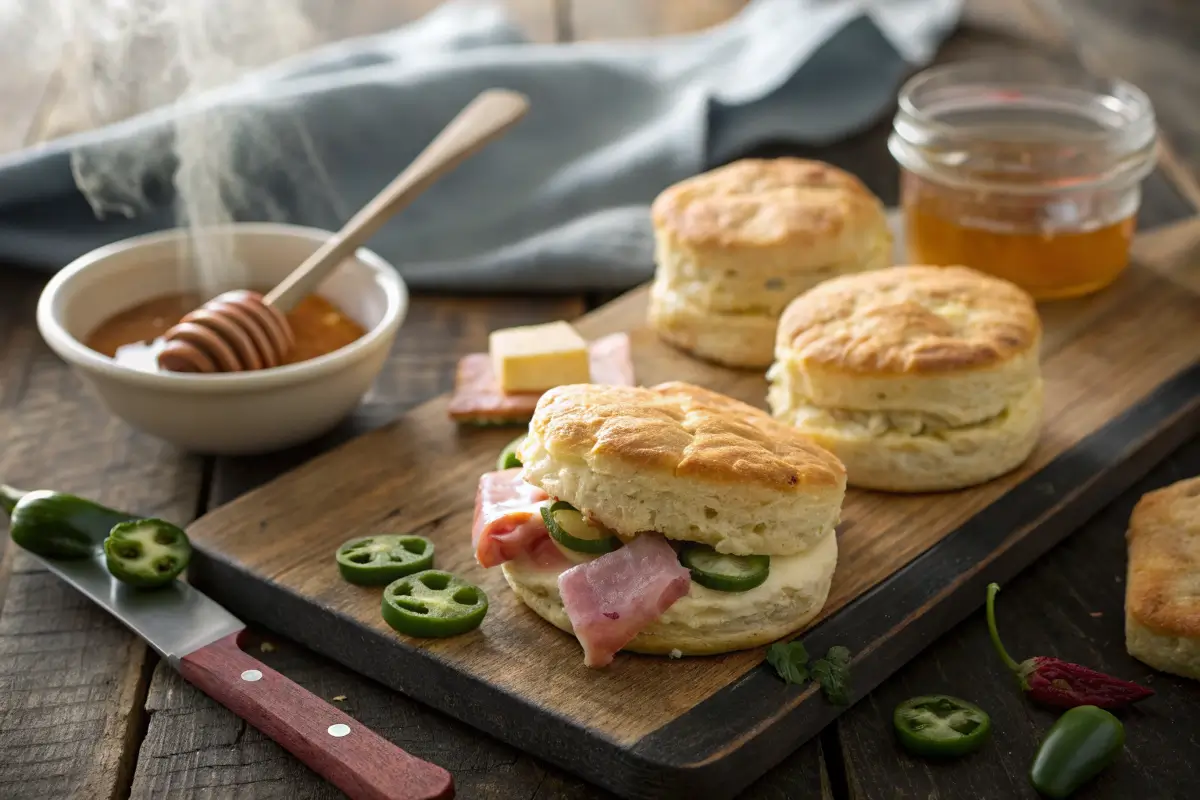 Golden ham and jalapeno biscuits with a pot of honey and butter.