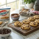 Freshly baked Crisco chocolate chip cookies on a rustic tray.