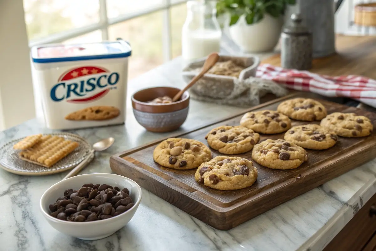 Freshly baked Crisco chocolate chip cookies on a rustic tray.