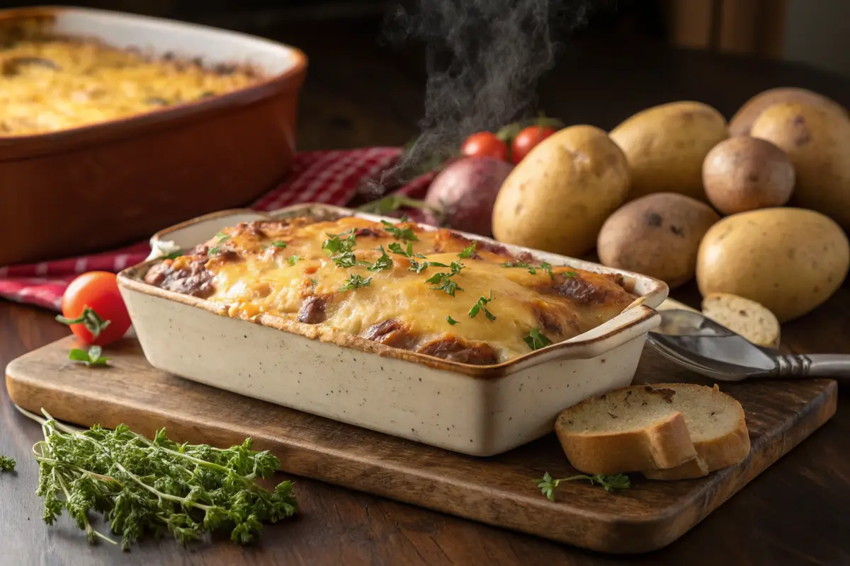 Freshly baked hobo casserole topped with melted cheese.