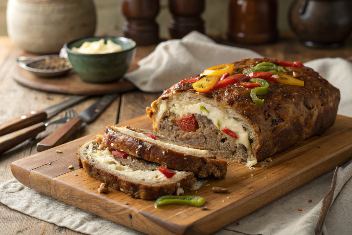 Sliced Philly cheesesteak meatloaf with melted cheese and colorful vegetables.