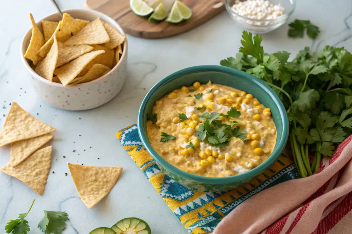 A bowl of warm corn dip with cream cheese served with tortilla chips.