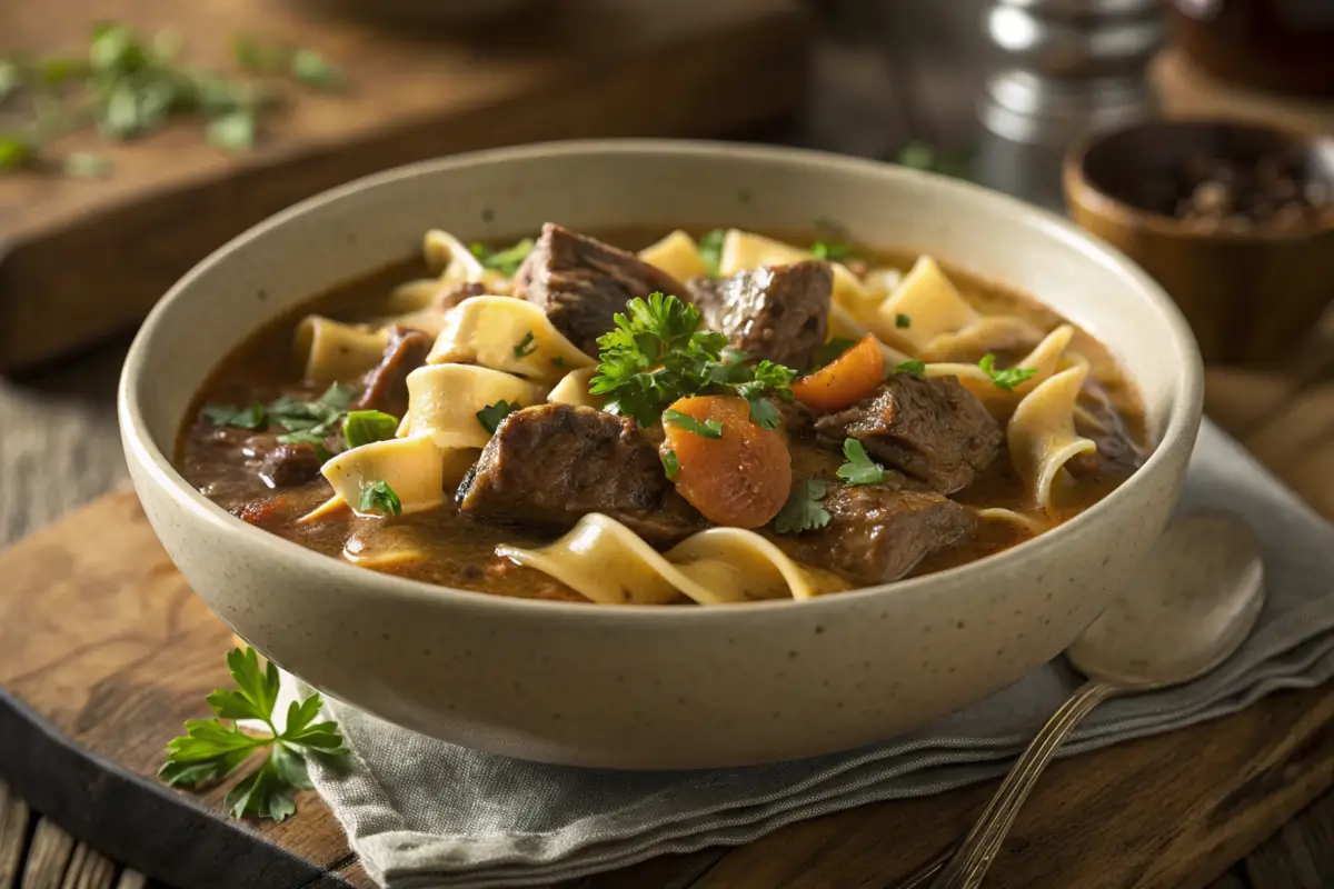 A bowl of crock pot beef and noodles with parsley garnish.