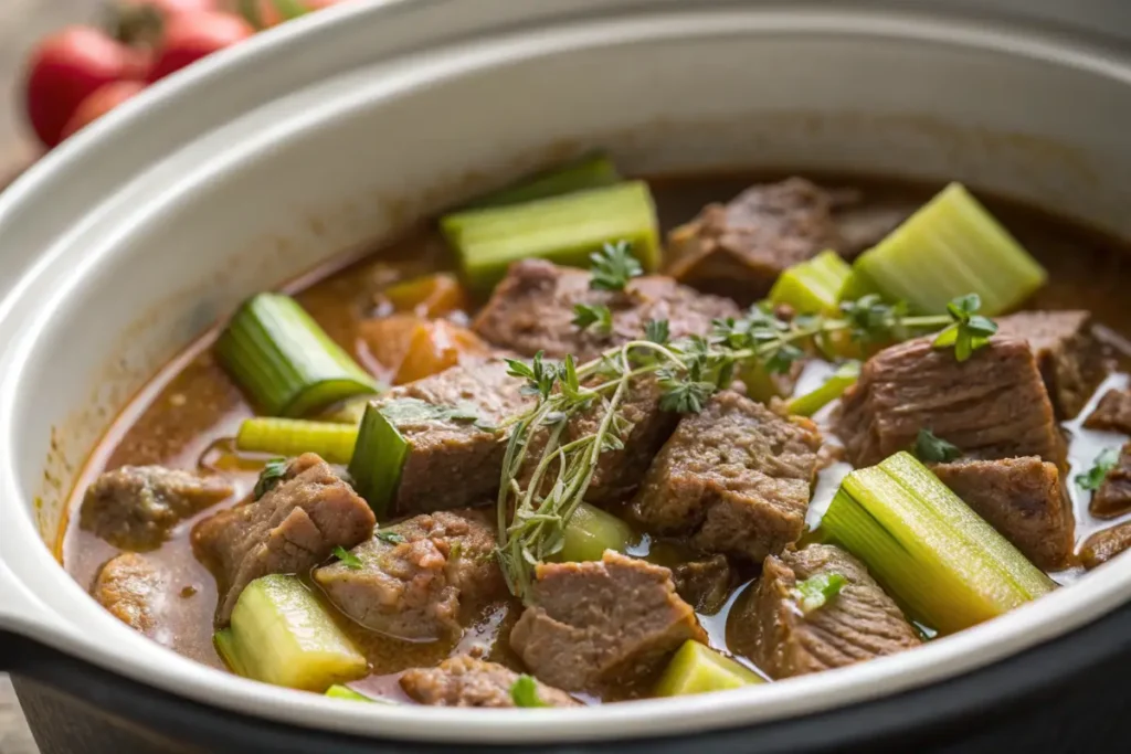 Keto beef stew with vegetables in a crockpot