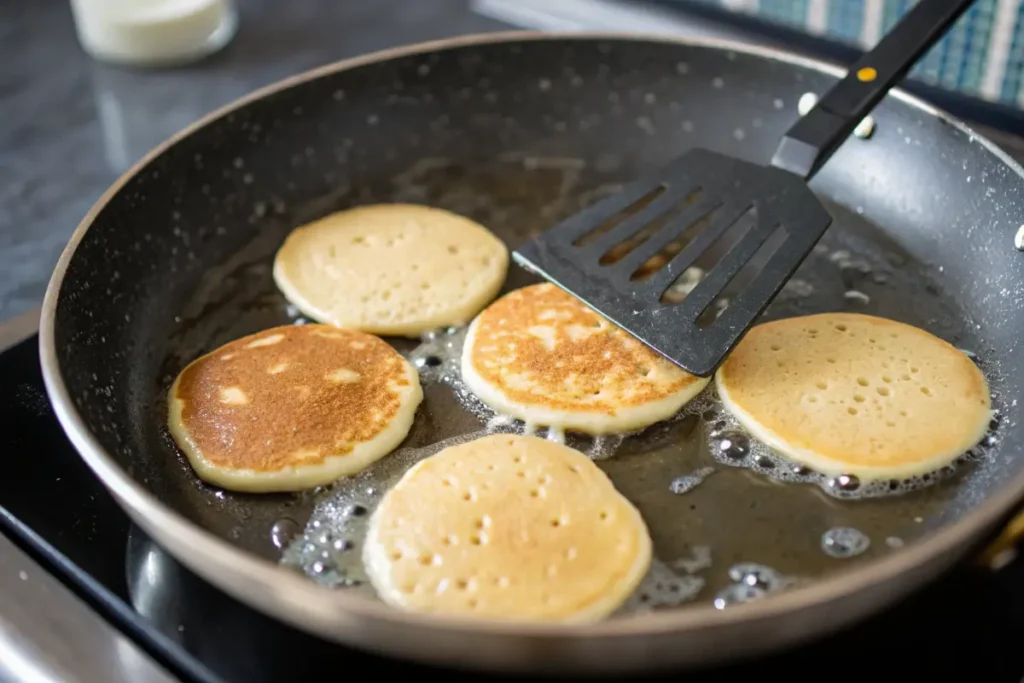 Mini pancakes cooking in a frying pan.