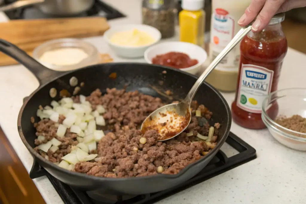 Cooking ground beef and onions for Big Mac Sloppy Joes