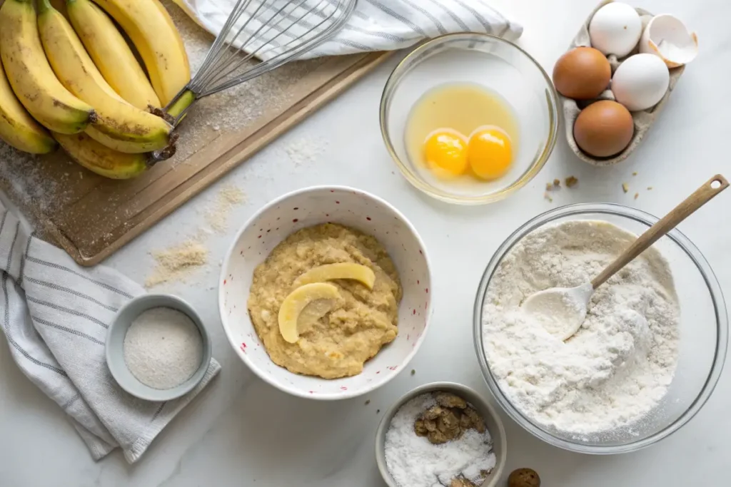  Ingredients being mixed for 4 ingredient banana bread.