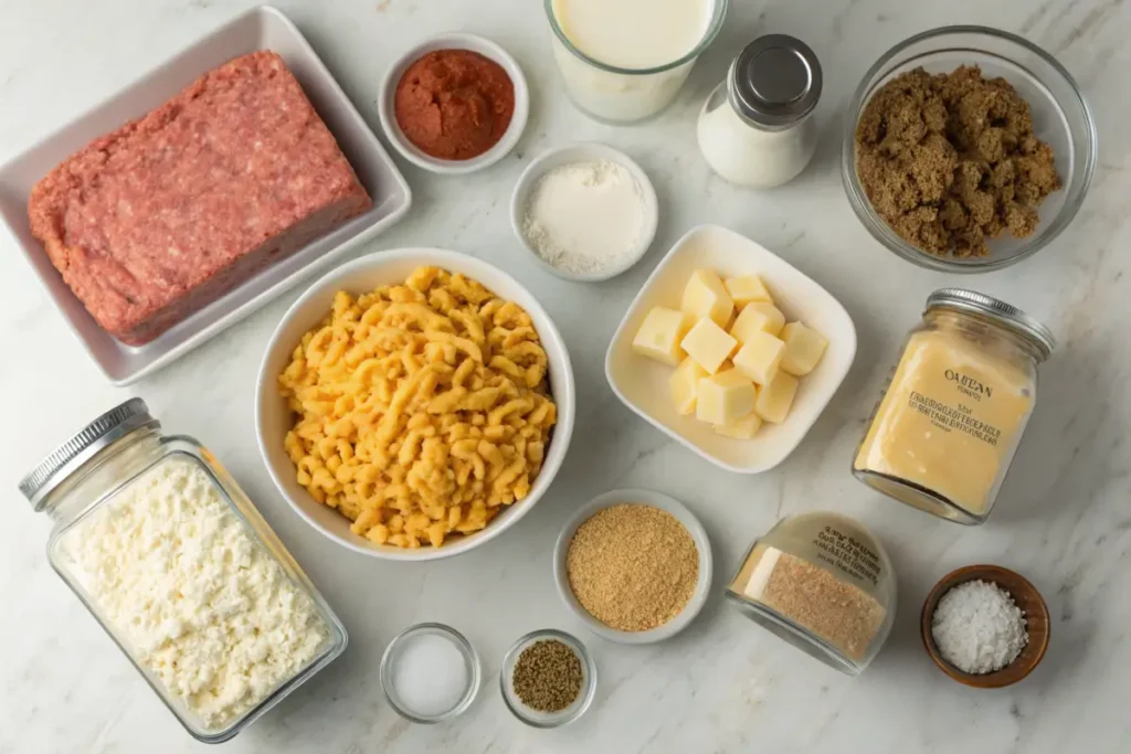 Ingredients for mac and cheese meatloaf casserole arranged on a kitchen counter.