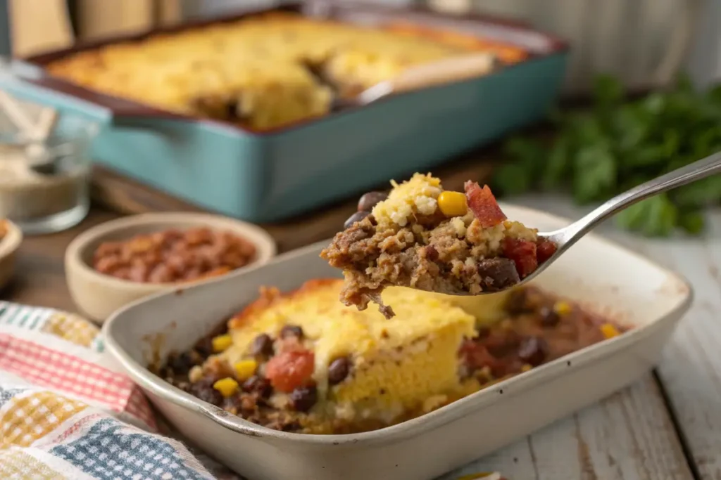 Spoon scooping cowboy cornbread casserole.