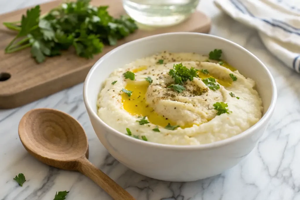 Mashed cauliflower with butter and parsley in a white bowl.