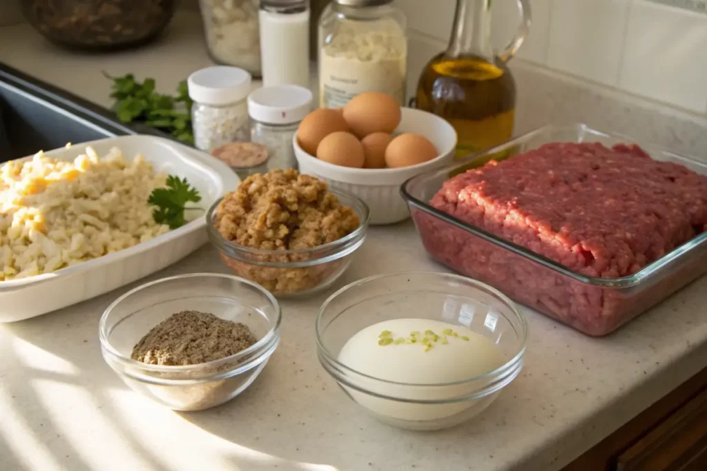 Ingredients for meatloaf with stuffing on a kitchen counter.