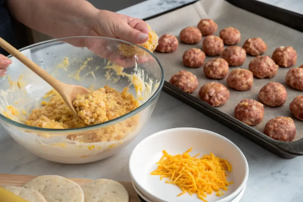 Mixing ingredients for Red Lobster sausage balls and placing them on a baking tray.