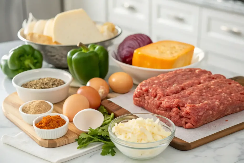 "Ingredients for Philly cheesesteak meatloaf on a kitchen counter.