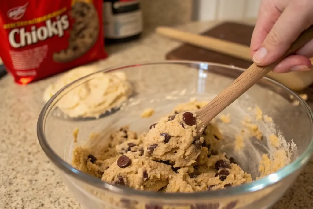 Mixing cookie dough with chocolate chips in a glass bowl.