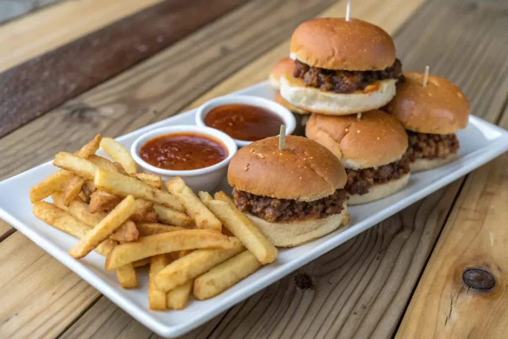 Mini sloppy joe sliders with French fries on a wooden plate.