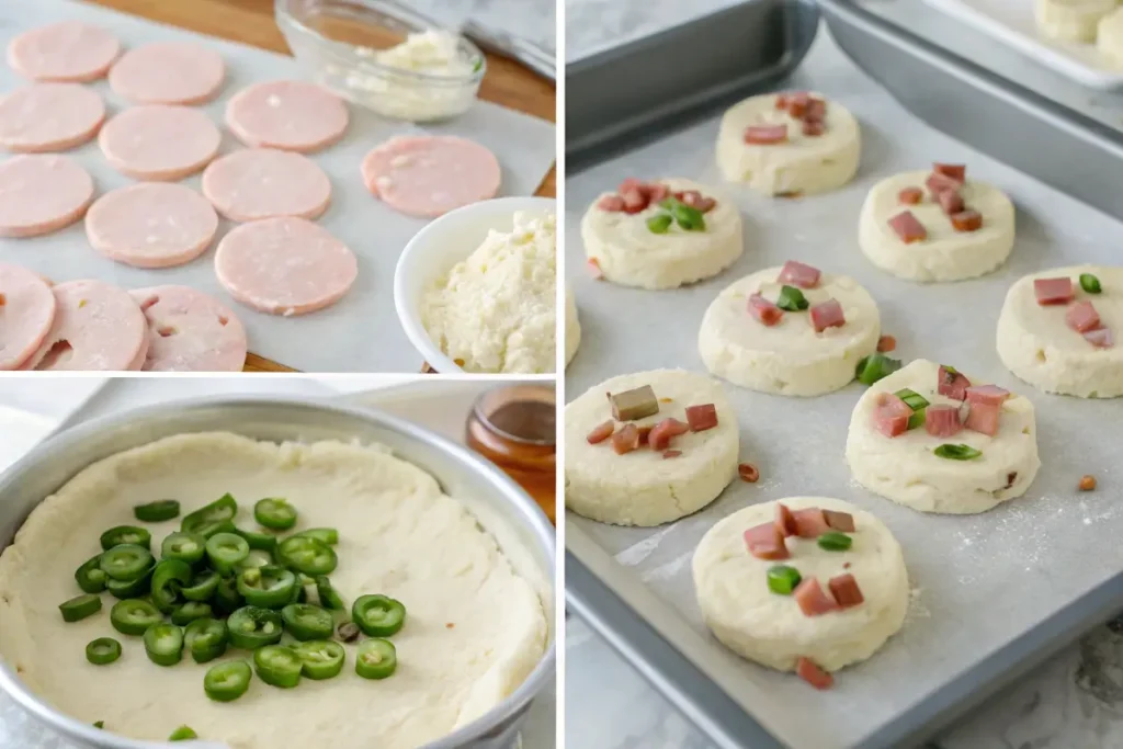 Steps to prepare ham and jalapeno biscuits, from dough to baking.