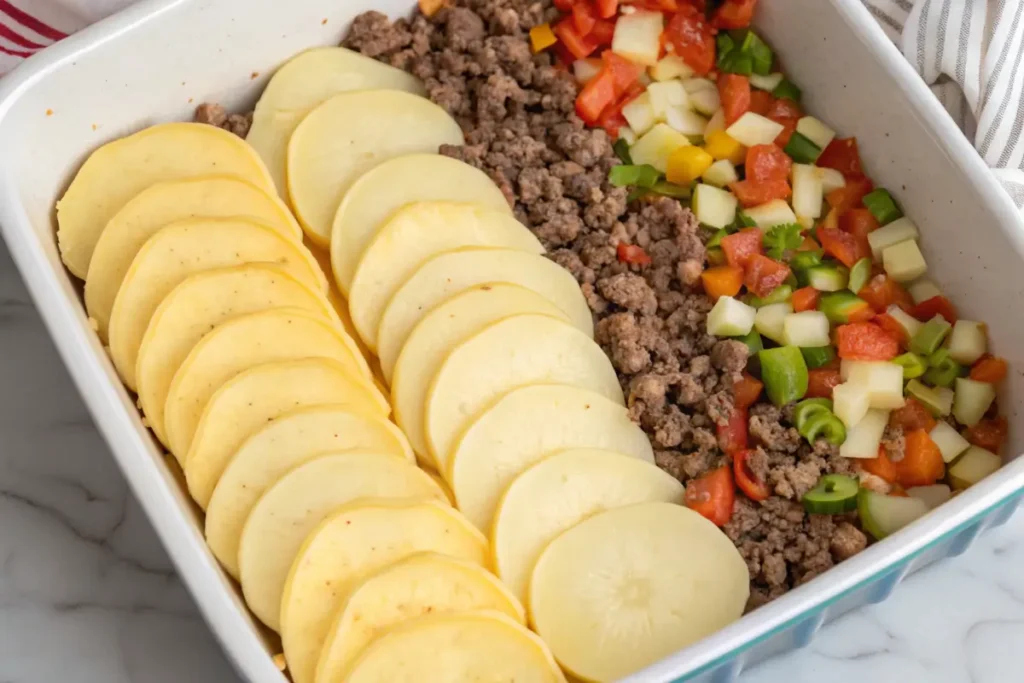 Layering potatoes, beef, and vegetables for hobo casserole.