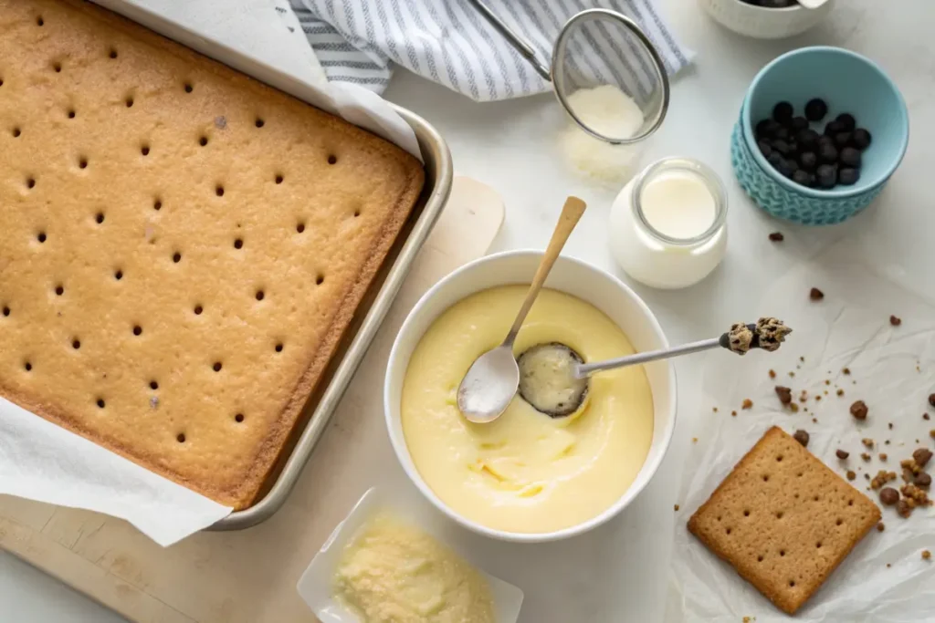 Poking holes in a Boston cream poke cake and filling them with vanilla pudding.