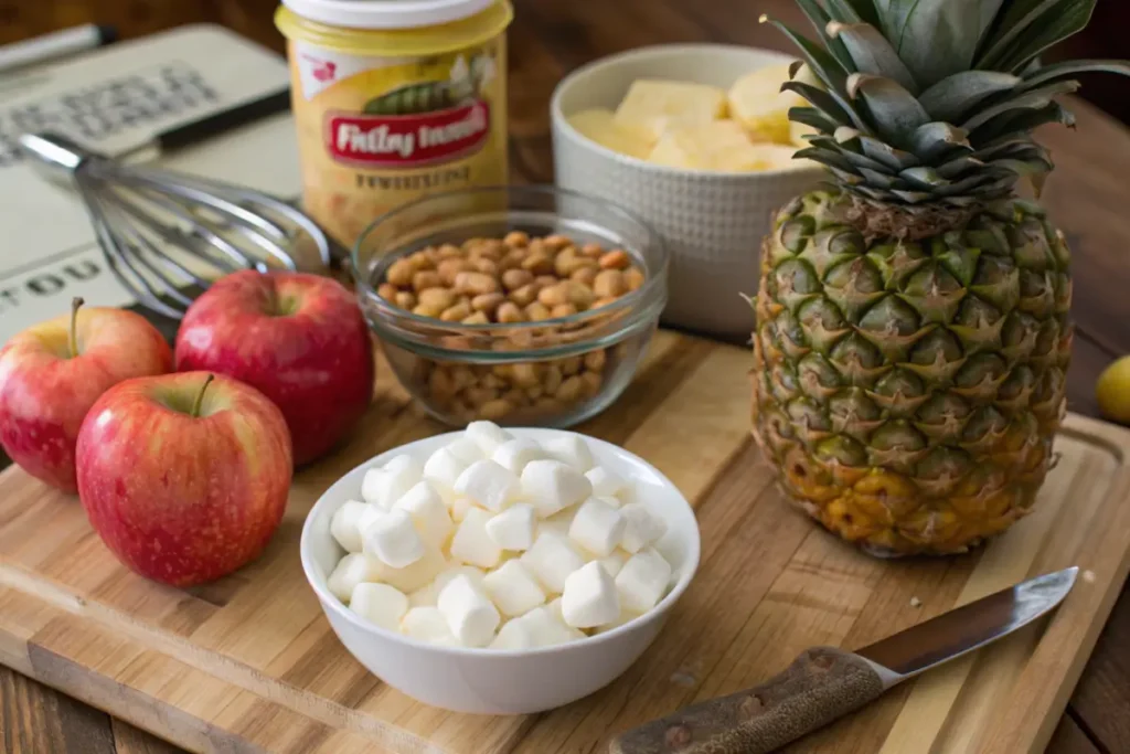 Ingredients for taffy apple salad on a rustic wooden table.