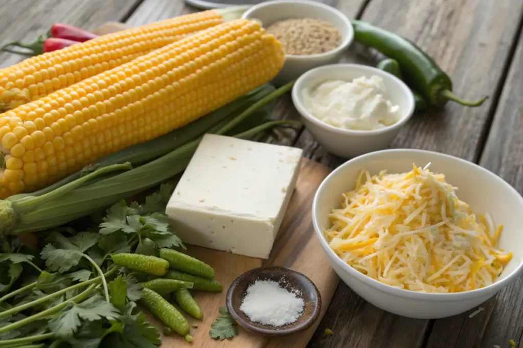 Ingredients for corn dip with cream cheese, including corn, cream cheese, shredded cheese, and seasonings.