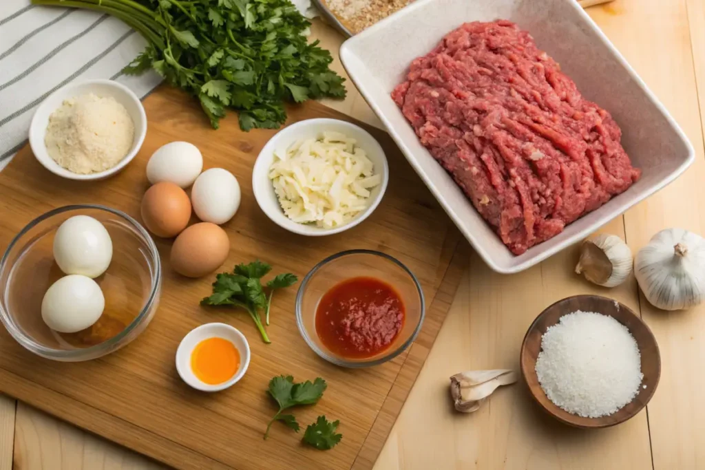 Ingredients for an Italian meatloaf recipe on a wooden counter.