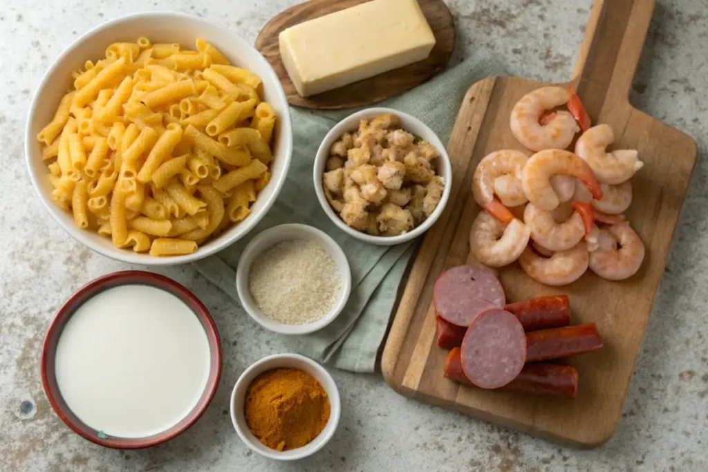 Ingredients for Cajun mac and cheese laid out on a counter.