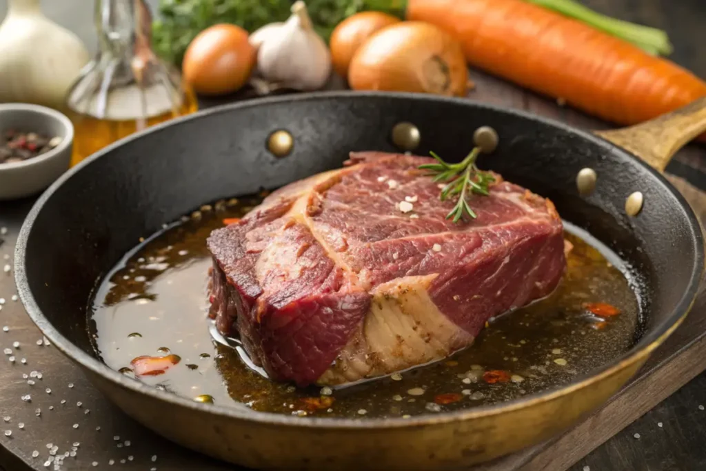 Beef chuck roast seared in a skillet for crock pot beef and noodles.