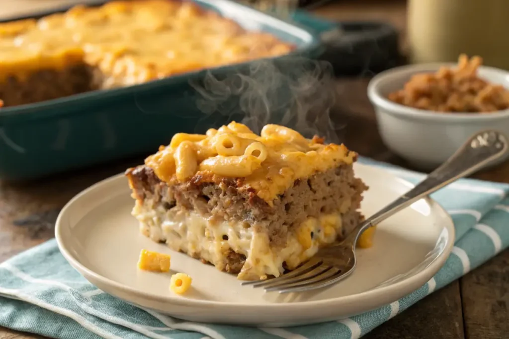 A close-up of a slice of mac and cheese meatloaf casserole with visible layers.