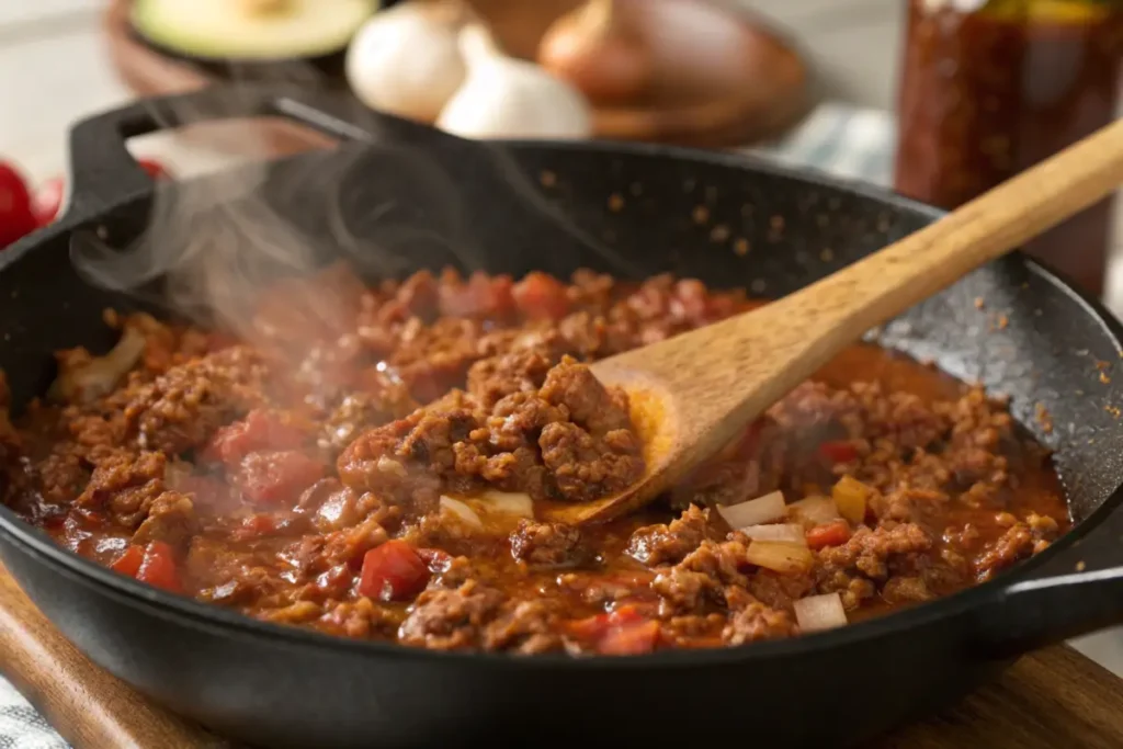 Close-up of sloppy joe mixture simmering in a skillet.