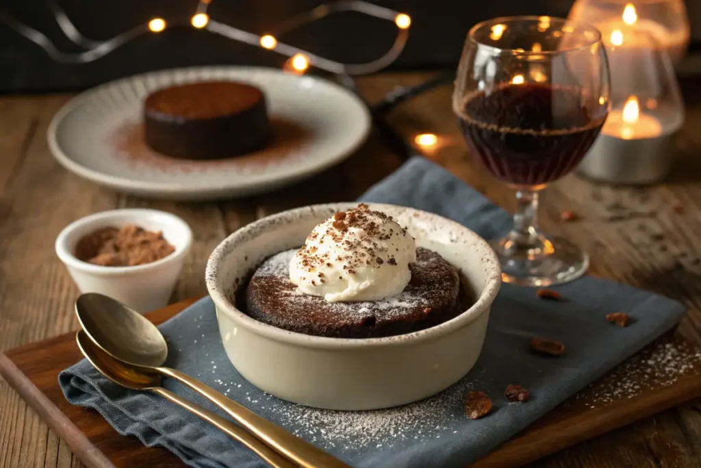 "Keto chocolate lava cake served with whipped cream