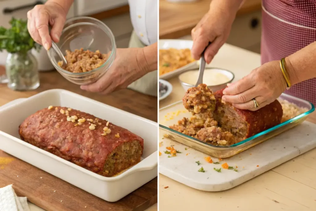 Step-by-step preparation of meatloaf with stuffing.