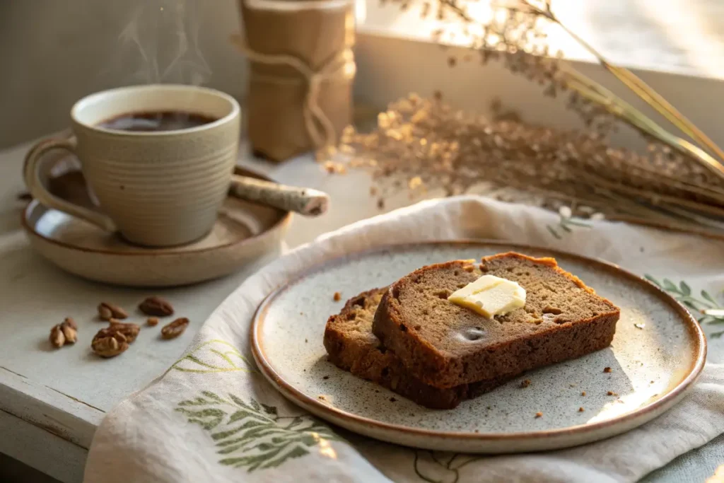 A slice of 4 ingredient banana bread served with coffee.