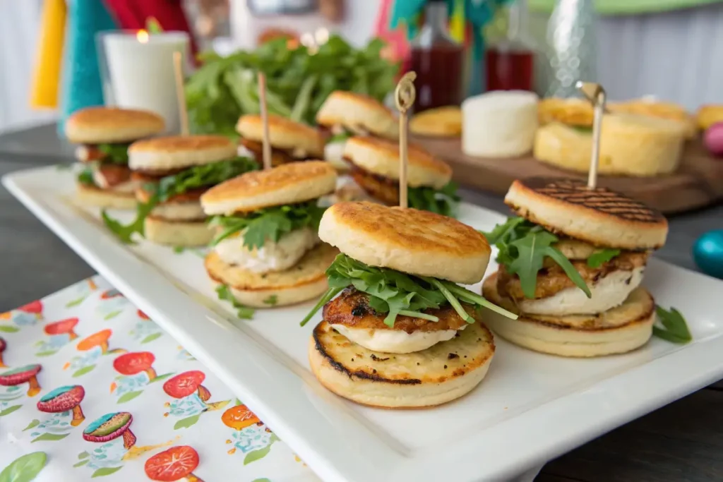 Savory mini pancake sliders with chicken and greens.