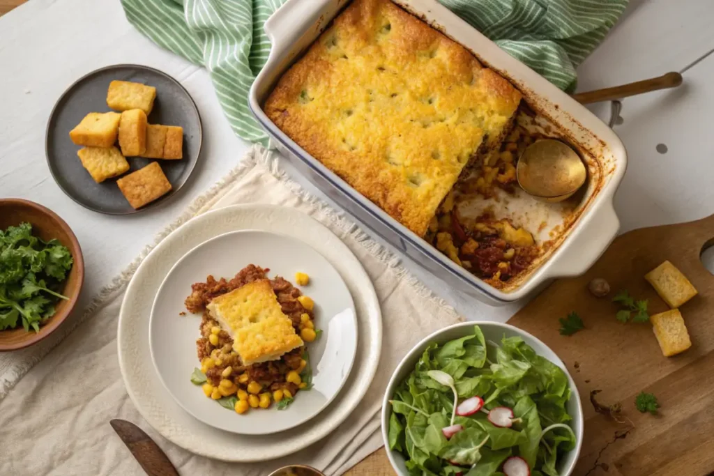 Cowboy Cornbread Casserole served with sides.