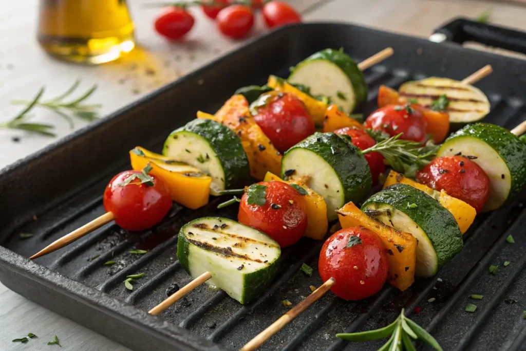 Grilled veggie skewers with zucchini, cherry tomatoes, and bell peppers.