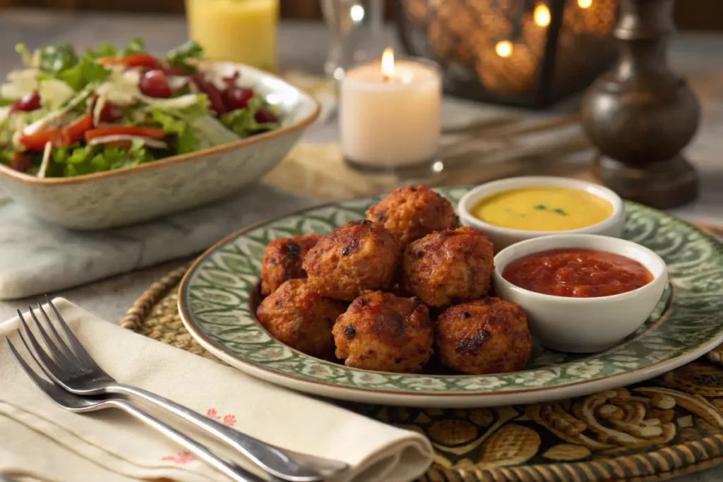 Red Lobster sausage balls served with dips and a fresh salad.