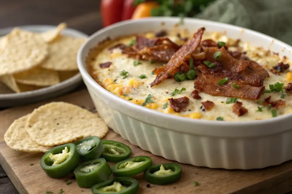 Baked corn dip with cream cheese topped with bacon and fresh herbs.