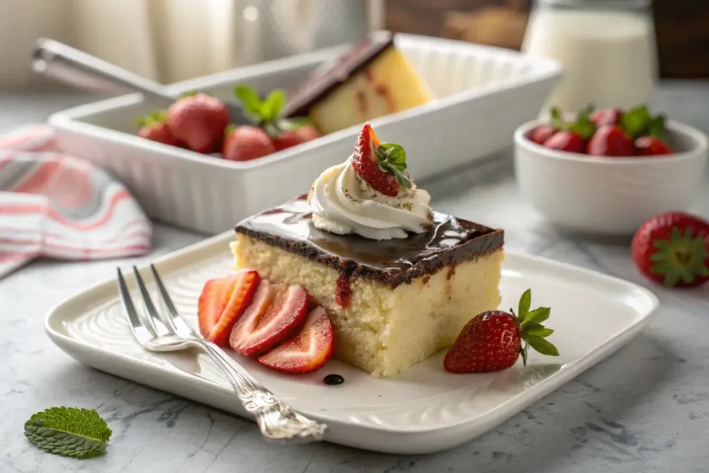 A slice of Boston cream poke cake garnished with whipped cream and strawberries