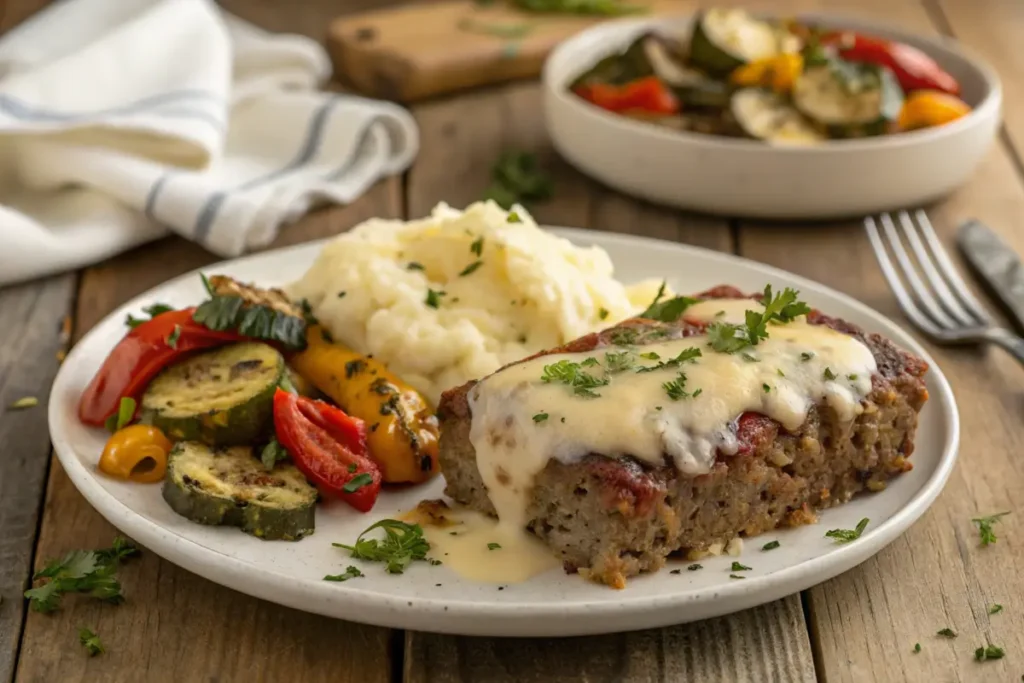 Plated Philly cheesesteak meatloaf with mashed potatoes and vegetables.