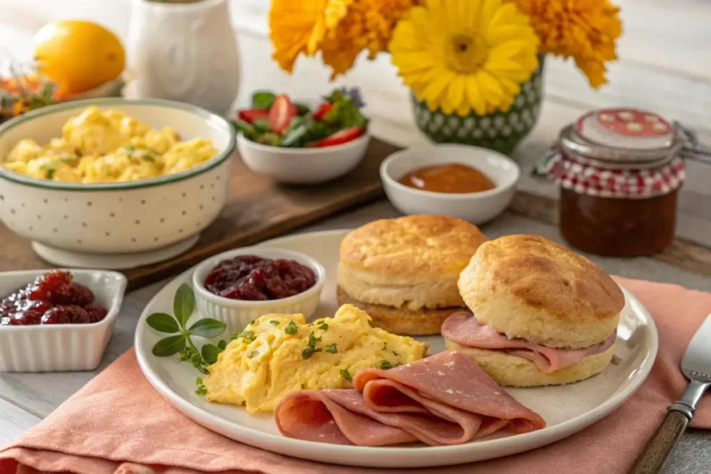 Ham and jalapeno biscuits served with breakfast sides.