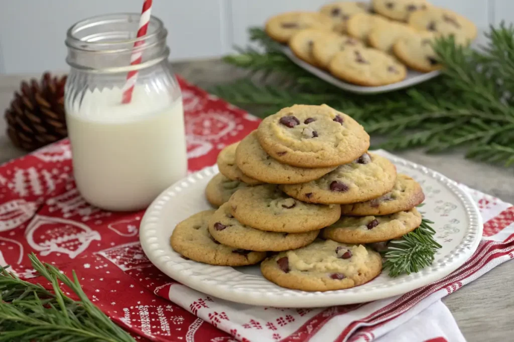 Crisco chocolate chip cookies on a festive table with milk.