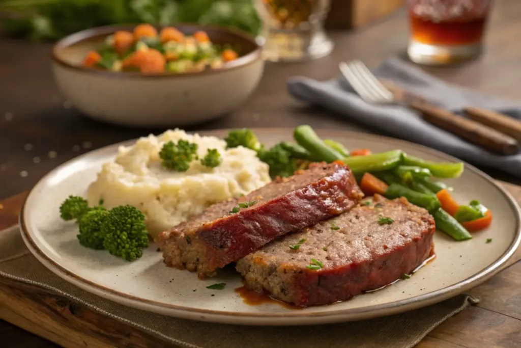 Italian meatloaf slice served with mashed potatoes and vegetables.